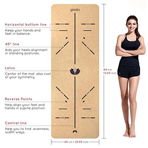 gisala Esterilla Yoga Colchoneta Yoga de Corcho Esterilla Deporte Antideslizante Ecológica y 100% Natural de 183x65cm con Líneas Corporales Yoga Mat para Pilates, Fitness