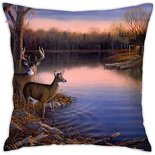 Gjiesh Animales Deer River Trees House Throw Fundas de colchón Throw Pillow Case Diseño de Doble Cara 45x45cm Family Interior Sofa Car