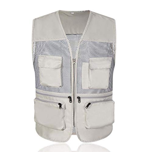 GL SUIT Fotografía de la Chaqueta de los Hombres de Gilet al Aire Libre Ligera de Malla Multi-Bolsillos del Chaleco de Pesca Camping Safari Viajar Chaleco,Lightgray,XXL