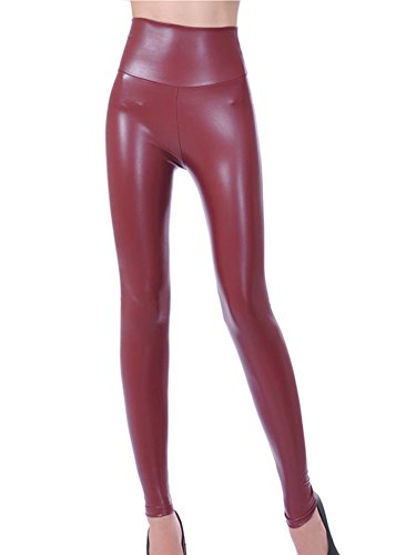 Gladiolus Mujeres PU Cuero Leggings Skinny Elásticos Treggings Pantalones Cintura Alta Leggins Pantalon Vino Rojo L