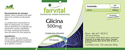 Glicina 500mg - VEGANA - Dosis elevada - Aminoácido - 120 Cápsulas - Calidad Alemana Glicina 500mg - VEGANA - Dosis elevada - Aminoácido - 120 Cápsulas - Calidad Alemana