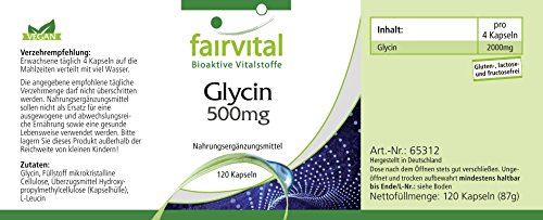 Glicina 500mg - VEGANA - Dosis elevada - Aminoácido - 120 Cápsulas - Calidad Alemana Glicina 500mg - VEGANA - Dosis elevada - Aminoácido - 120 Cápsulas - Calidad Alemana