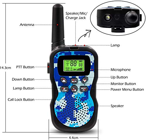 GlobalCrown Walkie Talkie para niños a 3 KM de Largo Alcance,8 Canales Walkie Talkies de Radio portátiles para niños con Linterna LED para Juegos de Aventura en el Exterior (Incluye 2 PCS)