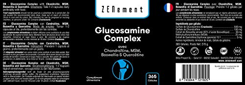 Glucosamina Complex con Condroitina, MSM, Boswellia y Quercetina, 365 Cápsulas | Para el dolor en las articulaciones | No-GMO, GMP, sin aditivos, sin Gluten | de Zenement