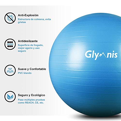 Glymnis Pelota de Ejercicio Pelota Anti-Burst para Pilates Gimnasia Fitness Equilibrio Yoga Embarazo 55cm 65cm 75cm con Hinchador Azul (55cm)