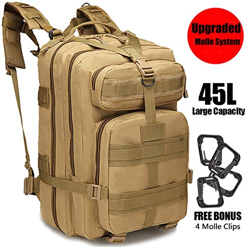 GNEGNI 45L Mochila Táctica de Asalto Militar Resistente al Agua Mochila Molle para Trekking Camping Senderismo Viajar(Caqui)