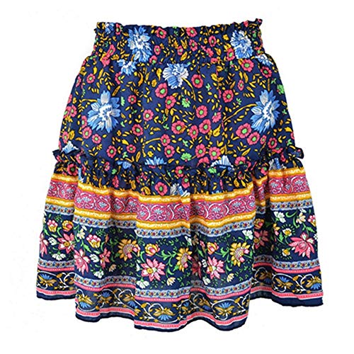 GNEHSL Falda Corta Mujer,Falda Corta Mujer,Playa Mujeres Verano Boho Mini Falda, Womens Una Línea Printedfashion Floral Falda Faldas,Patinador Informal Escuela Falda Elástica Dark-Blue,XL