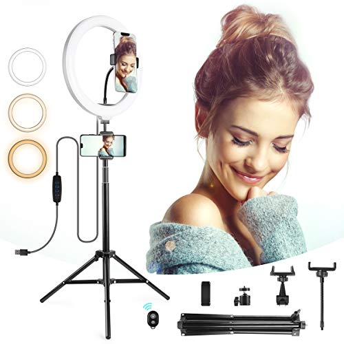 GOAMZ - Anillo de luz LED 10.63" con Trípode, Trípode para Teléfono Móvil con Mando a Distancia, 3 Modos Luz + 10 Niveles de Brillo para Maquillaje, Streaming en Vivo, Tiktok, Fotografía