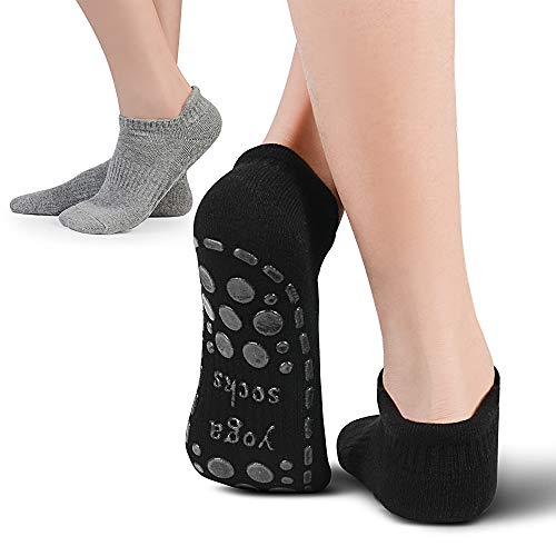 GOAMZ Calcetines de yoga antideslizantes (2 pares) para mujer, calcetines de pilate antideslizantes para barra de baile, ballet, fitness, entrenamiento. Talla 3.5-7 (negro + gris)