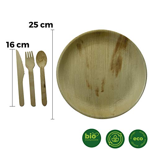 GoBeTree 25 Platos de Hoja de Palma Redondos de 25 cm con 75 Cubiertos de Madera, Vajilla desechable Biodegradable y ecológica. Pack de 100 Piezas.