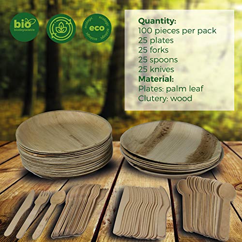 GoBeTree 25 Platos de Hoja de Palma Redondos de 25 cm con 75 Cubiertos de Madera, Vajilla desechable Biodegradable y ecológica. Pack de 100 Piezas.