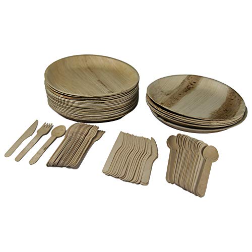 GoBeTree 25 Platos de Hoja de Palma Redondos de 25 cm con 75 Cubiertos de Madera, Vajilla desechable Biodegradable y ecológica. Pack de 100 Piezas.