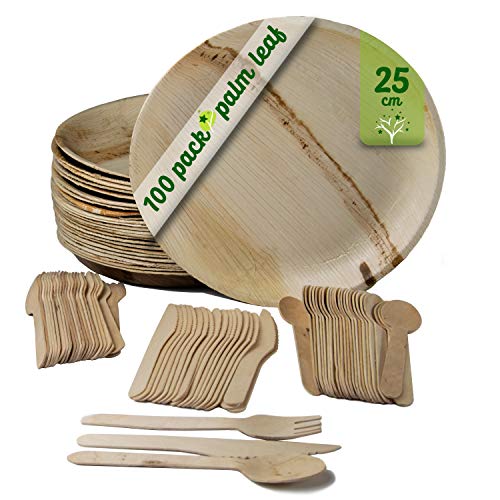 GoBeTree 25 Platos de Hoja de Palma Redondos de 25 cm con 75 Cubiertos de Madera, Vajilla desechable Biodegradable y ecológica. Pack de 100 Piezas.