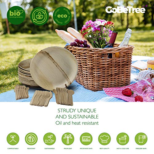 GoBeTree 25 Platos de Hoja de Palma Redondos de 25 cm con 75 Cubiertos de Madera, Vajilla desechable Biodegradable y ecológica. Pack de 100 Piezas.