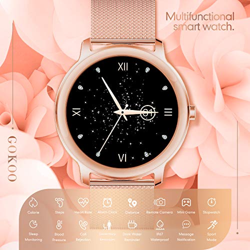 GOKOO Smartwatch Mujer Reloj Inteligente Elegante Dorado Reloj de Fitness IP67 Impermeable Reloj Inteligente Deportivo Pulsómetros Presión Arterial Calorías Compatible con Android iOS