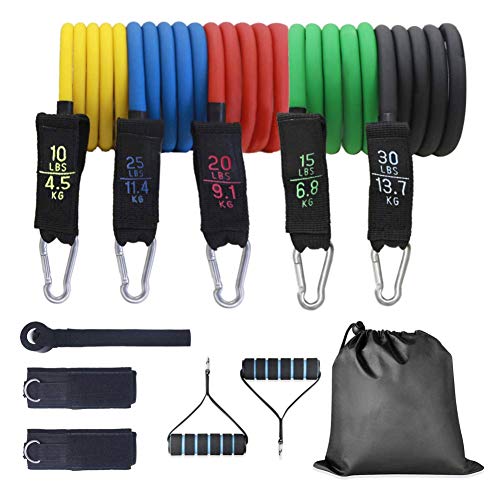 Gomas Elasticas Entrenamiento, Bandas de Resistencia con 5 Bandas de Ejercicios, Círculos de Resistencia, Manijas, Anclaje de Puerta, Correas de Tobillo para Mujeres y Hombres, Gym/Hogar (11PCS)