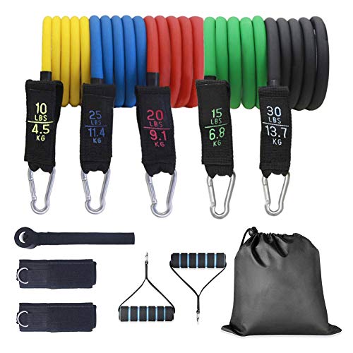 Gomas Elasticas Entrenamiento, Bandas de Resistencia con 5 Bandas de Ejercicios, Círculos de Resistencia, Manijas, Anclaje de Puerta, Correas de Tobillo para Mujeres y Hombres, Gym/Hogar (11PCS)