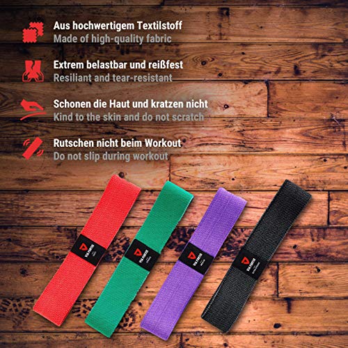 Gomas elasticas fitness de VIA FORTIS – Bandas elasticas musculacion hecho de material textil que no daña la piel - con el plan de entrenamiento y la bolsa - disponible como conjunto