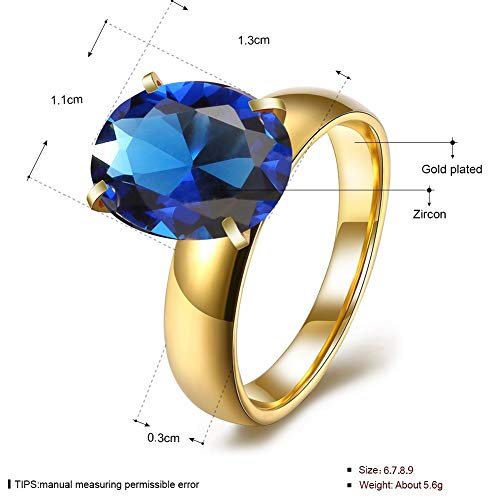 Good dress-ring Anillo de Mujer Pop Dance Zircon Oval Flat Ring Anillos de Acero de Titanio Anillos de Diamante Elíptica Simple de Mujer, Oro y Azul, 8