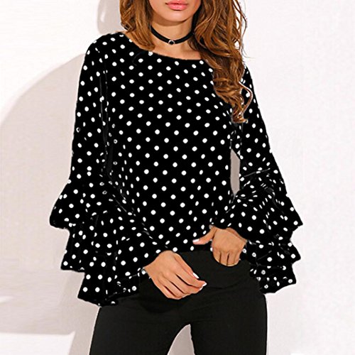 Goodsatar Moda De Las Mujeres Manga de Campana Camisa Suelta del Lunar Señoras Casual Blusa Tops (L, Negro)