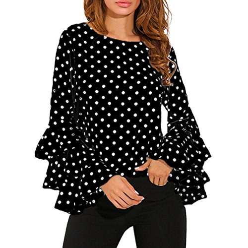 Goodsatar Moda De Las Mujeres Manga de Campana Camisa Suelta del Lunar Señoras Casual Blusa Tops (L, Negro)