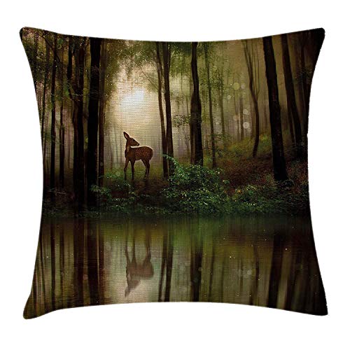 goodshop1988 Nature Baby Deer en el Bosque con Reflejo en el Lago Foggy Woodland Graphic, Estuche Decorativo Decorativo Cuadrado, 18 x 18 Pulgadas, Helecho Verde Cacao marrón