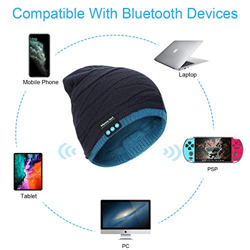 Gorro Bluetooth V5.0 Hombre y Mujer Beanie Música con Calentador de Cuello Gorro de Punto Invierno con Auriculares Inalámbricos Sombrero de Música Bluetooth para Correr, Esquiar, Regalar, Azul y Negro