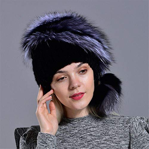 Gorro Ruso Sombrero De Piel Sintética De Invierno para Mujer Pompón De Punto De Piel Natural Sombreros De Piel Sintética con Bolas Gorros Elegantes Y Cálidos para Niñas Negro