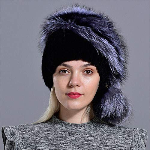 Gorro Ruso Sombrero De Piel Sintética De Invierno para Mujer Pompón De Punto De Piel Natural Sombreros De Piel Sintética con Bolas Gorros Elegantes Y Cálidos para Niñas Negro