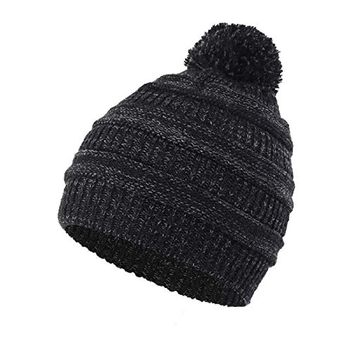 Gorros de Punto para Hombre Sombrero de Beanie Hombre Mujer   Invierno Cable Knit Beanie Sombrero Orejeras Cálido Causal Skull Ski Cap con Pompón-Negro