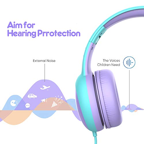 Gorsun Auriculares para niños, Volumen Limitado en el oído Auriculares para niños con Conector de Audio de 3.5 mm para niñas y niños, Auriculares con Cable Ajustable y Plegable (Morada)