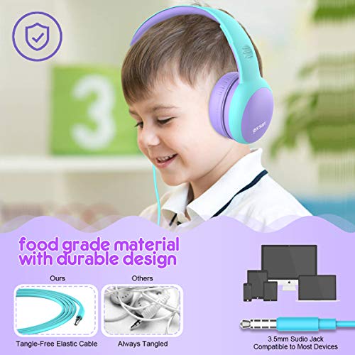 Gorsun Auriculares para niños, Volumen Limitado en el oído Auriculares para niños con Conector de Audio de 3.5 mm para niñas y niños, Auriculares con Cable Ajustable y Plegable (Morada)