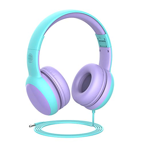 Gorsun Auriculares para niños, Volumen Limitado en el oído Auriculares para niños con Conector de Audio de 3.5 mm para niñas y niños, Auriculares con Cable Ajustable y Plegable (Morada)