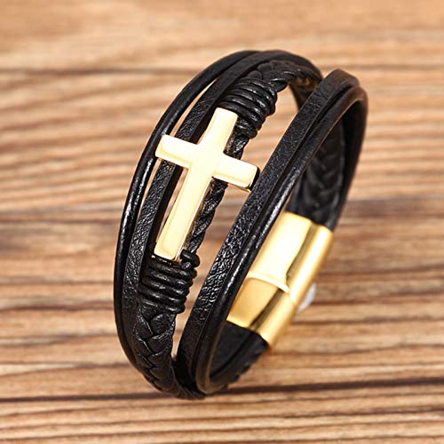 GOTRGEOOUS Faith Steel Cross Bracelet, Trendy Men's Cross Bracelet - Pulseras de Cuero de Acero Inoxidable con Cuerda Trenzada (Dorado,21.5cm)