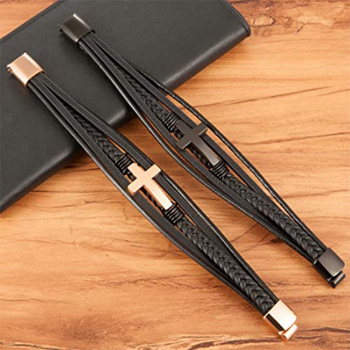 GOTRGEOOUS Faith Steel Cross Bracelet, Trendy Men's Cross Bracelet - Pulseras de Cuero de Acero Inoxidable con Cuerda Trenzada (Dorado,21.5cm)
