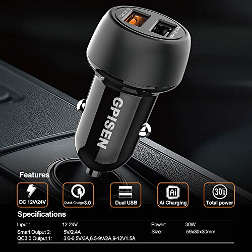 GPISEN Quick Charge 3.0 Cargador de Rapida Doble Puerto 5.4A/30W (QC 3.0 3A + Smart IC 2.4A) USB Adaptador con 3 en 1 Multi Cable de Carga para Phone/Samsung/Huawei