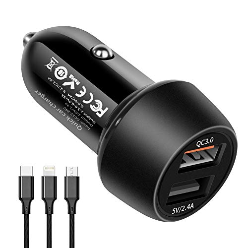 GPISEN Quick Charge 3.0 Cargador de Rapida Doble Puerto 5.4A/30W (QC 3.0 3A + Smart IC 2.4A) USB Adaptador con 3 en 1 Multi Cable de Carga para Phone/Samsung/Huawei