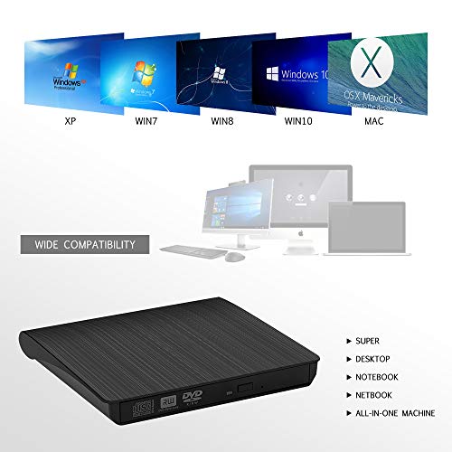 Grabadora de DVD/CD Externa USB 3.0 Portátil Diseño Ultra Delgado, Lector de DVD/CD con Capacidad de Corrección de Errores, Compatible con WIN98/XP/WIN7/WIN8/WIN10/XP/VISTA/ Mac OS 8.6 o Superior