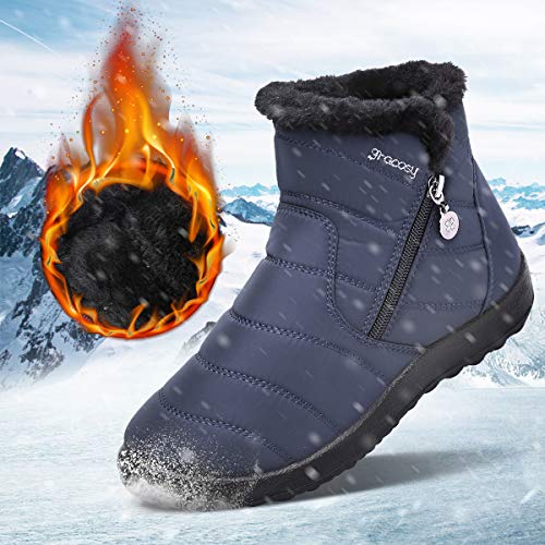 gracosy Botas de Mujer Otono Invierno Goma Encaje Forro de Piel Punta Redonda Botas de Nieve Zapatos de Trabajo Formal Calzado Antideslizante Ligero Botines Que Caminan, Azul, 39