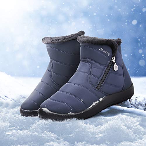 gracosy Botas de Mujer Otono Invierno Goma Encaje Forro de Piel Punta Redonda Botas de Nieve Zapatos de Trabajo Formal Calzado Antideslizante Ligero Botines Que Caminan, Azul, 39