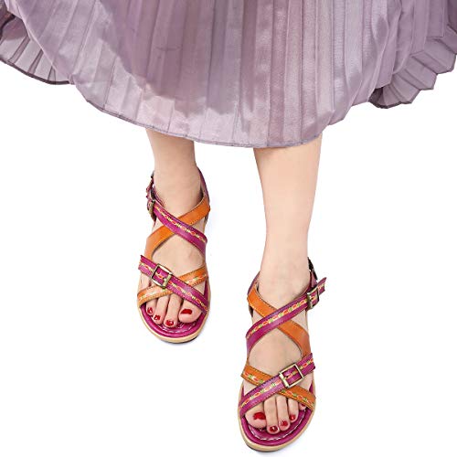 gracosy Sandalias Cuero Planas Verano Mujer Estilo Bohemia Zapatos para Mujer de Dedo Sandalias Talla Grande 37-42 Chanclas Romanas de Mujer Rojo Azul Púrpura Naranja Hecho a Mano Los Zapatos 2020