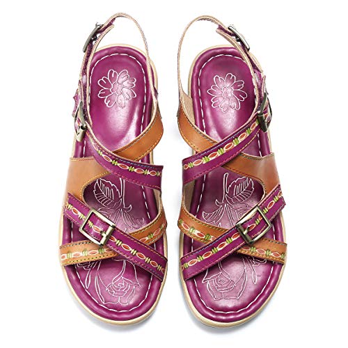 gracosy Sandalias Cuero Planas Verano Mujer Estilo Bohemia Zapatos para Mujer de Dedo Sandalias Talla Grande 37-42 Chanclas Romanas de Mujer Rojo Azul Púrpura Naranja Hecho a Mano Los Zapatos 2020