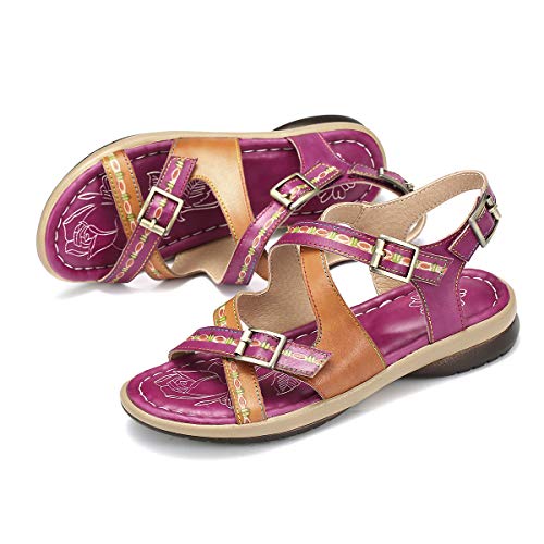 gracosy Sandalias Cuero Planas Verano Mujer Estilo Bohemia Zapatos para Mujer de Dedo Sandalias Talla Grande 37-42 Chanclas Romanas de Mujer Rojo Azul Púrpura Naranja Hecho a Mano Los Zapatos 2020