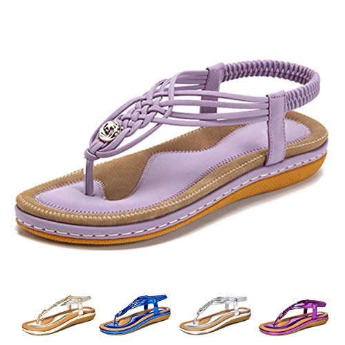 gracosy Sandalias Planas Verano Mujer Estilo Bohemia Zapatos de Dedo Sandalias Talla Grande Cinta Elástica Casuales de Playa Chanclas Romanas de Mujer 2019 Azul Negro Púrpura Rhinestone de Moda