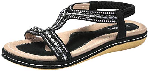 gracosy Sandalias Planas Verano Mujer Estilo Bohemia Zapatos para Mujer de Dedo Sandalias Talla Grande 37-43 Cinta Elástica Casuales de Playa Chanclas Romanas de Mujer Negro Beige 2020