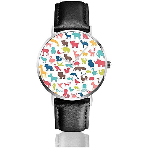 Gran Conjunto de Siluetas de Animales en Estilo de Dibujos Animados Mujeres Hombres Correa de Cuero de PU Relojes de Pulsera para Mujer Negro Gran Conjunto de Siluetas de Animales en Estilo de Dibujos Animados Mujeres Hombres Correa de Cuero de PU Relojes de Pulsera para Mujer Negro