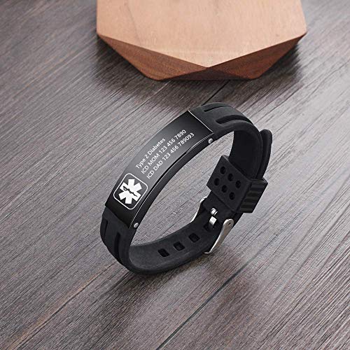 Grand Made Pulseras personalizadas de id médica de alerta de 9" Pulsera de silicona ajustable para deportes de emergencia para hombres Mujeres Pulsera impermeable para mujer (Black)