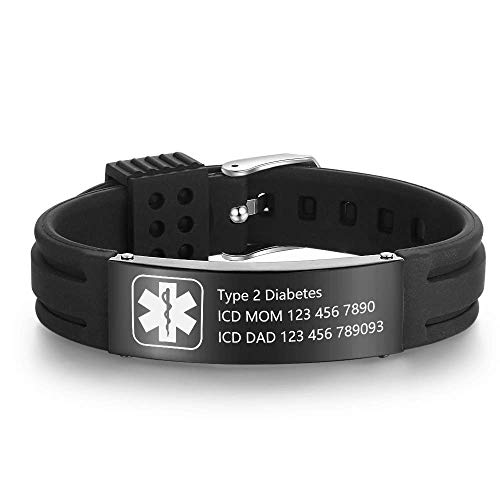 Grand Made Pulseras personalizadas de id médica de alerta de 9" Pulsera de silicona ajustable para deportes de emergencia para hombres Mujeres Pulsera impermeable para mujer (Black)