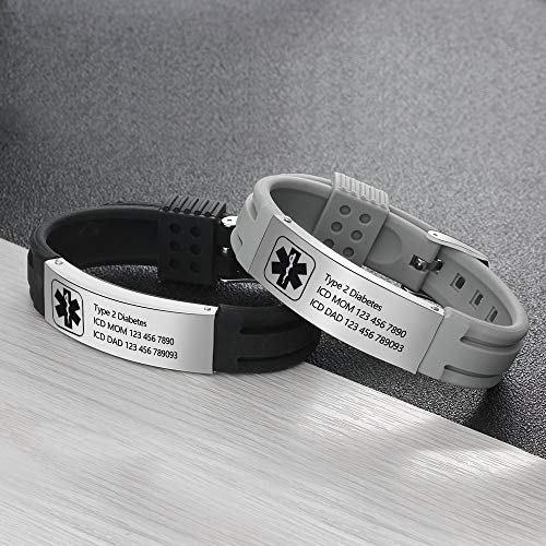 Grand Made Pulseras personalizadas de id médica de alerta de 9" Pulsera de silicona ajustable para deportes de emergencia para hombres Mujeres Pulsera impermeable para mujer (Black)