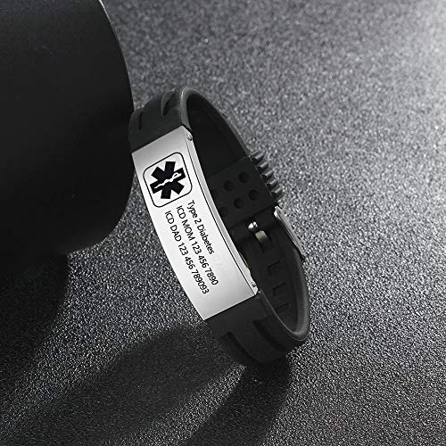 Grand Made Pulseras personalizadas de id médica de alerta de 9" Pulsera de silicona ajustable para deportes de emergencia para hombres Mujeres Pulsera impermeable para mujer (Black & Silver 1) Grand Made Pulseras personalizadas de id médica de alerta de 9" Pulsera de silicona ajustable para deportes de emergencia para hombres Mujeres Pulsera impermeable para mujer (Black & Silver 1)